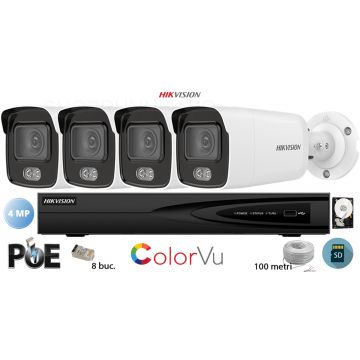 Kit complet supraveghere video Hikvision 4 camere IP ColorVU, 4MP(2K), SD-card, IR 40m