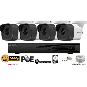 Kit complet supraveghere video Hikvision 4 camere IP de exterior,2MP Full HD 1080P,Microfon incorporat,IR 30m
