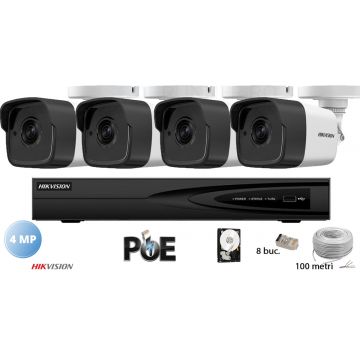 Kit complet supraveghere video Hikvision 4 camere IP de exterior,4MP(2K),IR 30m