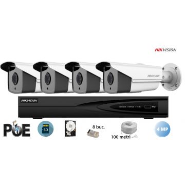 Kit complet supraveghere video Hikvision 4 camere IP de exterior, 4MP(2K), SD-card, IR 50m