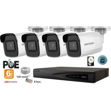 Kit complet supraveghere video Hikvision 4 camere IP de exterior, 6MP(3K), SD-card, IR 30m