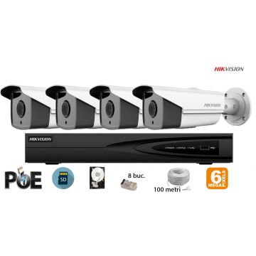 Kit complet supraveghere video Hikvision 4 camere IP de exterior, 6MP(3K), SD-card, IR 80m