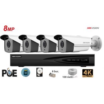 Kit complet supraveghere video Hikvision 4 camere IP de exterior, 8MP(4K), SD-card, IR 80m