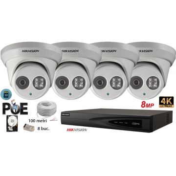 Kit complet supraveghere video Hikvision 4 camere IP de interior,Ultra HD 8MP(4K),SD-card,IR 30m