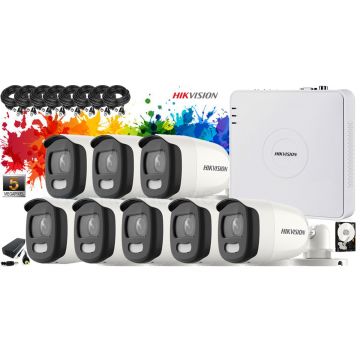 Kit complet supraveghere video Hikvision 8 camere ColorVU FullTime 5MP, IR 20M