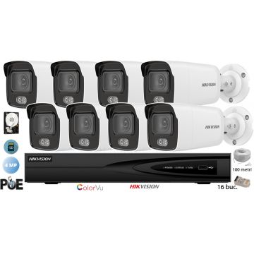 Kit complet supraveghere video Hikvision 8 camere IP ColorVU, 4MP(2K), SD-card, IR 30m