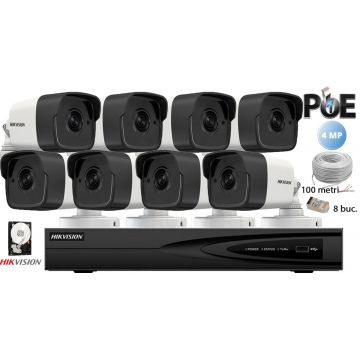 Kit complet supraveghere video Hikvision 8 camere IP de exterior,4MP(2K),IR 30m