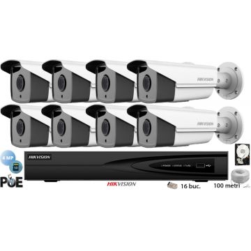 Kit complet supraveghere video Hikvision 8 camere IP de exterior, 4MP(2K), SD-card, IR 80m