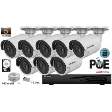Kit complet supraveghere video Hikvision 8 camere IP de exterior,5MP(2K+),SD-card,IR 30m