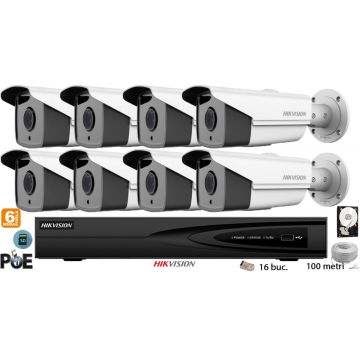 Kit complet supraveghere video Hikvision 8 camere IP de exterior, 6MP(3K), SD-card, IR 50m
