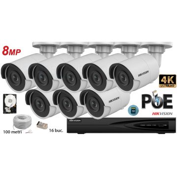 Kit complet supraveghere video Hikvision 8 camere IP de exterior 8MP (4K), SD-card, IR 40m