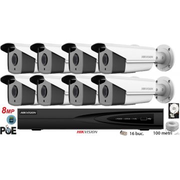 Kit complet supraveghere video Hikvision 8 camere IP de exterior, 8MP(4K),SD-card,IR 50m