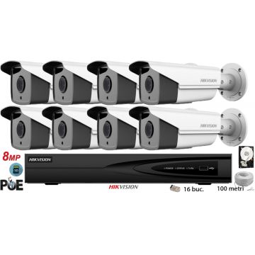 Kit complet supraveghere video Hikvision 8 camere IP de exterior, 8MP(4K),SD-card,IR 60m