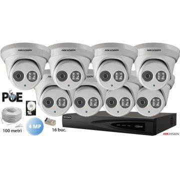 Kit complet supraveghere video IP 8 camere dome Hikvision 4MP, IR 30M, microfon incorporat,SD-card