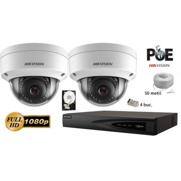 Kit complet supraveghere video IP Hikvision 2 camere de interior,2MP Full HD 1080p,IR 30m