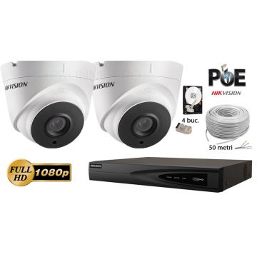 Kit complet supraveghere video IP Hikvision 2 camere de interior,2MP Full HD 1080P, IR 30m