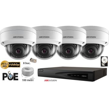 Kit complet supraveghere video IP Hikvision 4 camere de interior,2MP Full HD 1080p,IR 30m