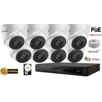 Kit complet supraveghere video IP Hikvision 8 camere de interior,2MP Full HD 1080p,IR 30m