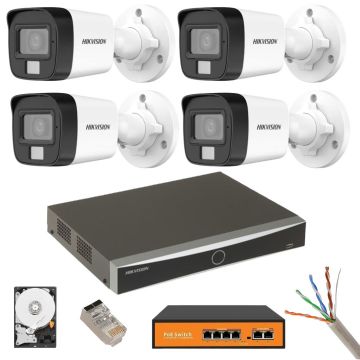 Kit supraveghere Hikvision 4 camere IP 8MP Dual Light IR 30m Lumină albă 30m Microfon NVR 12MP 4 canale HDD Accesorii incluse