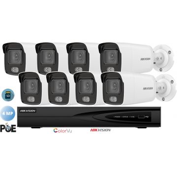 Sistem de supraveghere Hikvision 8 camere IP ColorVU de exterior, 4MP(2K), SD-card, IR 30m