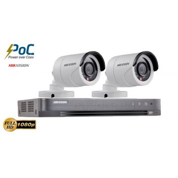 Sistem supraveghere Hikvision 2 camere de exterior PoC 2MP Full HD 1080p, IR 20m