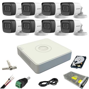 Sistem supraveghere Hikvision 8 camere 5MP IR 40m microfon DVR 8 canale HDD 1TB si accesorii incluse