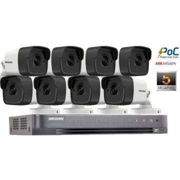 Sistem supraveghere Hikvision 8 camere de exterior PoC 5MP(2K+), IR 20m