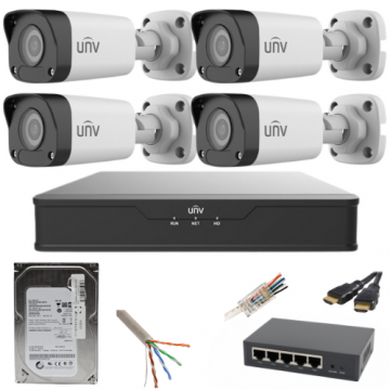 Sistem supraveghere UNV 4 camere IP 5MP IR 30M PoE NVR 4 canale cu accesorii HDD 500GB incluse