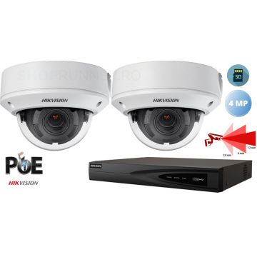 Sistem supraveghere video 2 camere IP dome, 4MP, lentila varifocala 2.8 - 12 mm,SD-card, IR 30M