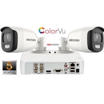 Sistem supraveghere video Hikvision 2 camere ColorVU AnalogHD 5MP(2K+), IR 20M