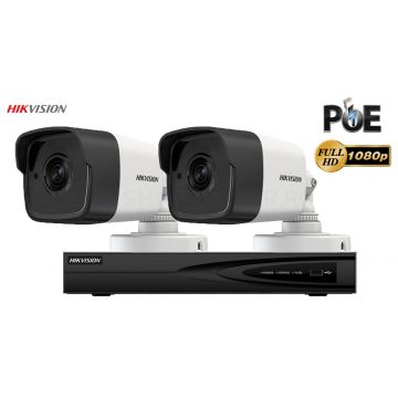 Sistem supraveghere video Hikvision 2 camere IP de exterior,2MP Full HD 1080p, IR 30m