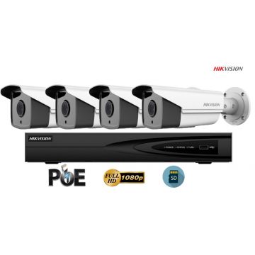 Sistem supraveghere video Hikvision 4 camere IP de exterior, 2MP FullHD, SD-card, IR 50m