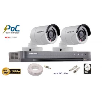 Kit complet supraveghere Hikvision 2 camere de exterior POC turbo HD,2MP 1080p,IR 20m