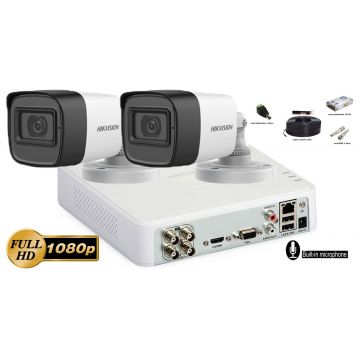 Kit complet supraveghere Hikvision 2 camere FullHD 1080p, IR30m, microfon incorporat   