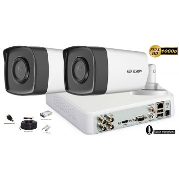 Kit complet supraveghere Hikvision 2 camere FullHD 1080p, IR40m, microfon incorporat   