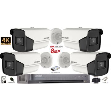 Kit complet supraveghere Hikvision 4 camere de exterior 8MP(4K),IR 80m