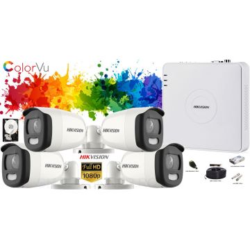 Kit complet supraveghere Hikvision 4 camere de exterior ColorVu FullHD, IR 20m