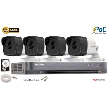 Kit complet supraveghere Hikvision 4 camere de exterior POC, Ultra Low-Light, 2MP Full HD 1080p, IR 20m