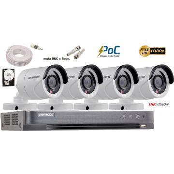 Kit complet supraveghere Hikvision 4 camere de exterior Turbo HD POC,2MP Full HD 1080p,IR 20 m