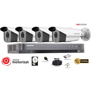 Kit complet supraveghere Hikvision 4 camere de exterior Turbo HD,Ultra Low-Light 2MP,Lentila Varifocala Motorizata,POC,IR 40 m