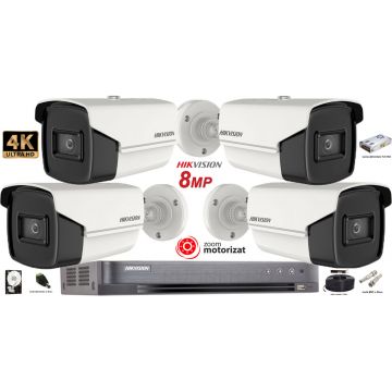 Kit complet supraveghere Hikvision 4 camere,Zoom Motorizat,Lentila Varifocala,TurboHD 8MP(4K),IR 80m