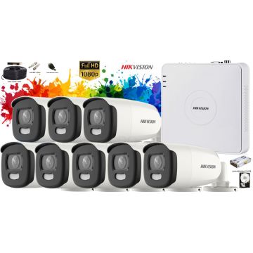 Kit complet supraveghere Hikvision 8 camere ColorVu FullHD, IR 40m