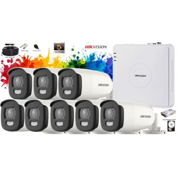 Kit complet supraveghere Hikvision 8 camere de exterior ColorVU 5MP(2K+),IR 40m