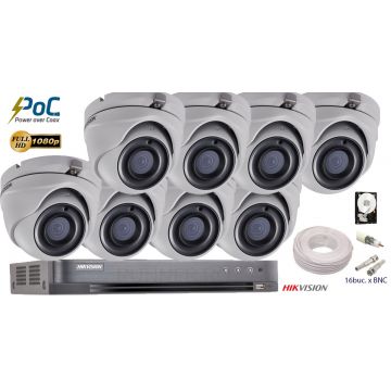 Kit complet supraveghere Hikvision 8 camere POC 2MP Full HD 1080p, IR 20m