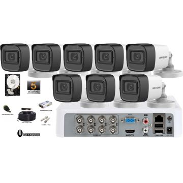 Kit complet supraveghere Hikvision 8 camere 5 Megapixeli,IR30m,microfon incorporat