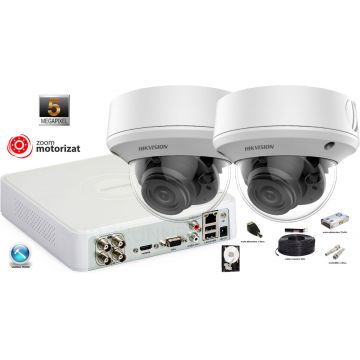 Kit complet supraveghere video 2 camere Hikvision 5MP(2K+), Zoom Motorizat, IR 40M