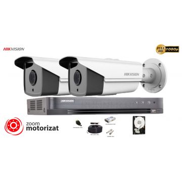 Kit complet supraveghere video Hikvision 2 camere de exterior Turbo HD,Ultra Low-Light 2MP,Lentila Varifocala Motorizata, POC, IR 40m