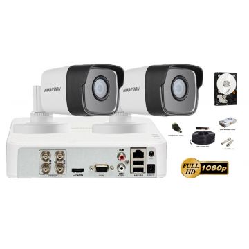 Kit complet supraveghere video Hikvision 2 camere FullHD 1080p Ultra Low-Light, IR30m    