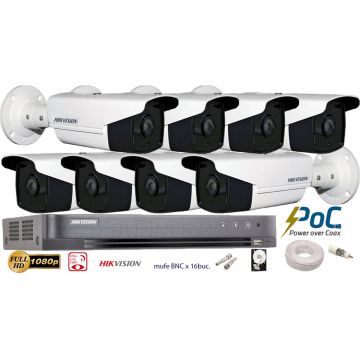 Kit complet supraveghere video Hikvision 8 camere PoC, Ultra Low-Light, 1080P, IR 40 M