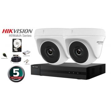 Kit complet supraveghere video Hikvision seria HiWatch, 2 camere 5 Megapixeli, IR 20M, TURRET